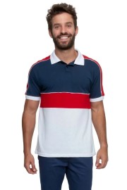Camisa polo masculina com recortes azul vermelho e branco